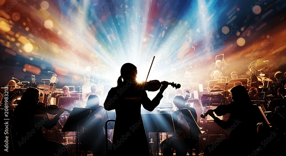 Fototapeta premium A silhouette of a woman playing violin with an orchestra