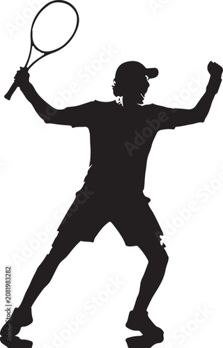 Tennis player silhouette, black athletic figure, racket sport illustration, dynamic pose vector