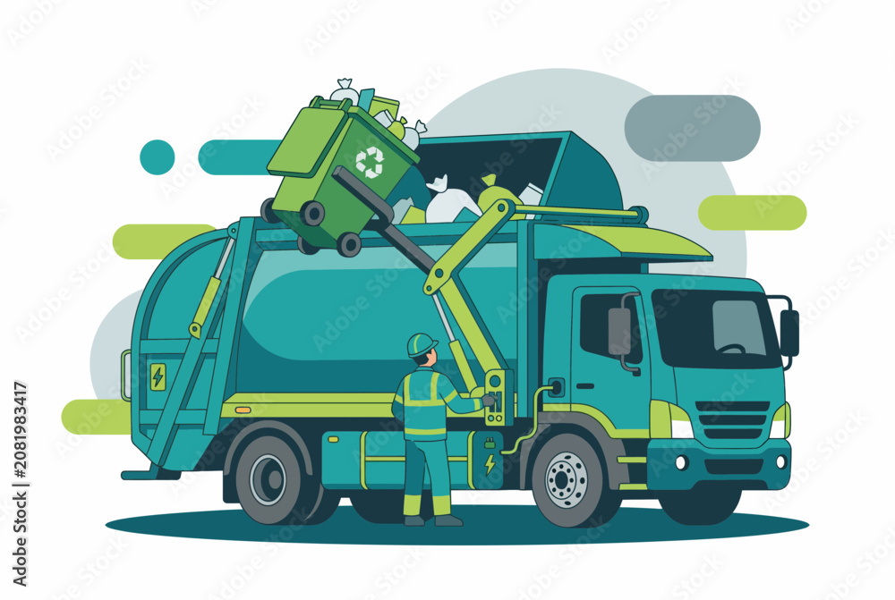 Obraz premium Modern Garbage Truck and Recycling Bin Waste Collection Service