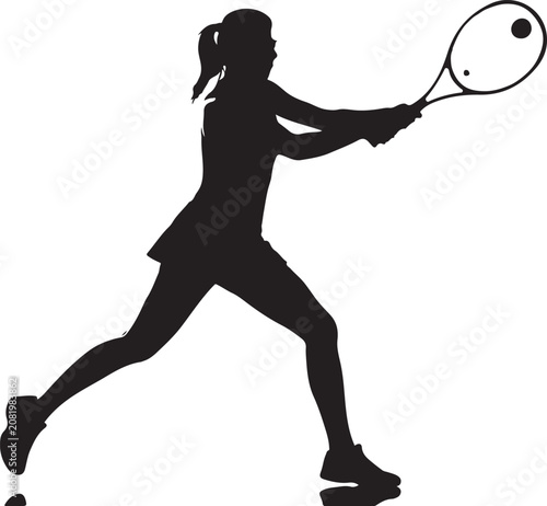 Tennis player silhouette, woman playing tennis, black sports icon, athletic female figure