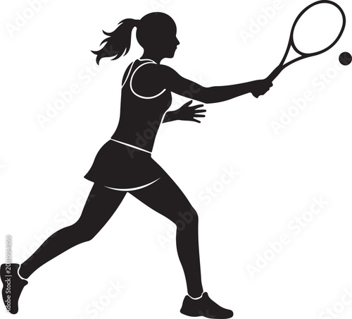 Tennis player silhouette, female athlete vector, black sportswoman, action pose illustration