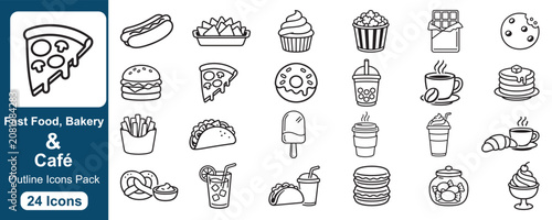 Fast Food, Bakery & Café Outline Icons Pack | Burger, Pizza, Coffee & Dessert Vector Set