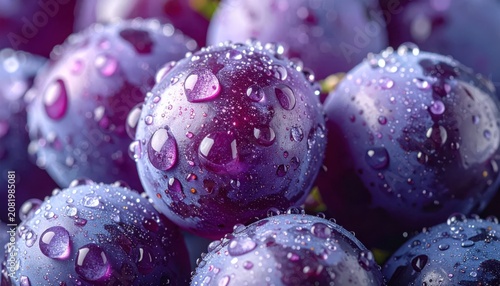 Close Up of Ripe Juicy Purple Grapes with Water Droplets