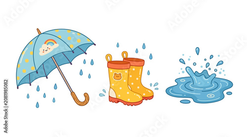 Rainy day scene with umbrella, boots and puddle in city