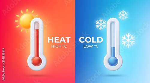 3D illustration of hot and cold thermometers with sun and snowflakes representing extreme high and low temperatures and climate contrast.