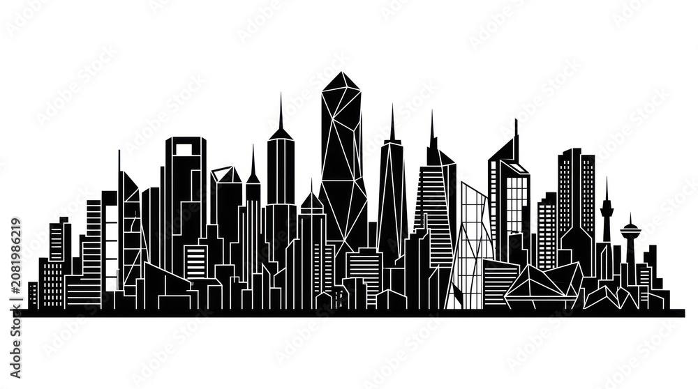 Naklejka premium Minimalist black silhouette of modern city skyline with tall office buildings and towers.