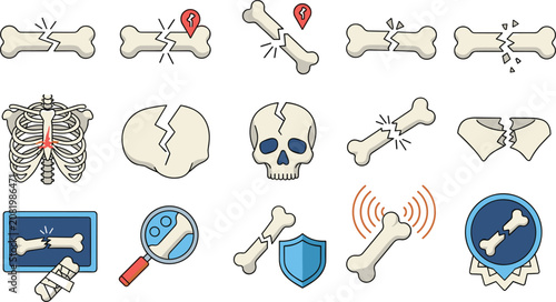 Schilderij op canvas Broken bone fracture vector icon set with medical xray skeletal injury skull and
