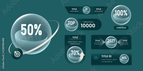 Glass Percentage Infographic Elements with Statistic Cards Collection