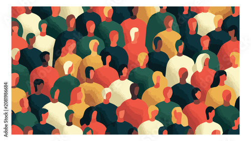 Colorful abstract illustration of diverse crowd of people with vibrant hues and varied shapes representing community and social diversity