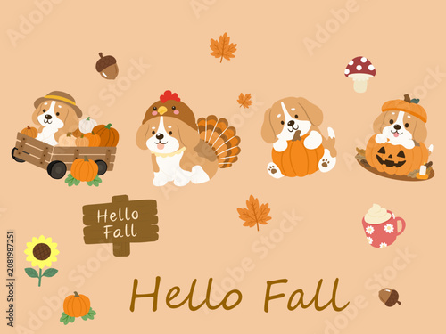 Cute Fall Beagle Dog Clipart Collection with Hello Fall Lettering