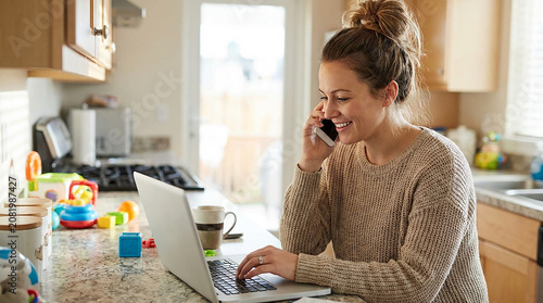 Working mom on laptop while talking on phone at home