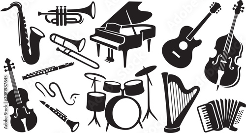 Photography Collection of black silhouette musical instruments including a grand piano, saxo
