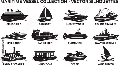 Cuadro en lienzo Collection of black silhouettes of maritime vessels, including a cruise ship, sa