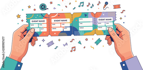 Hands holding a colourful strip of generic event entry tickets vector illustration