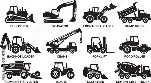 Photos Set of black silhouette featuring construction and agricultural machinery includ