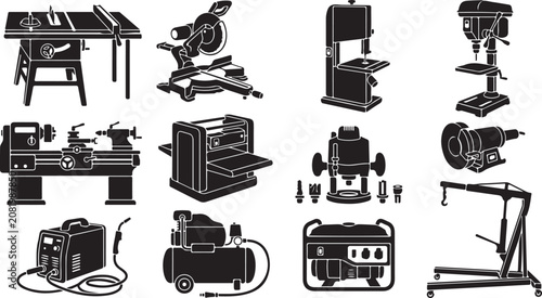 Cuadro en lienzo Set of black silhouette featuring industrial power tools and workshop machinery,