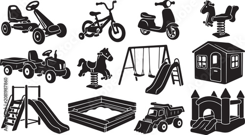 Photos Set of black silhouette featuring children's playground equipment and ride-on to