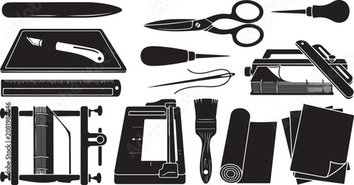 Tablou pe pânză Set of black silhouette representing traditional bookbinding tools, including a