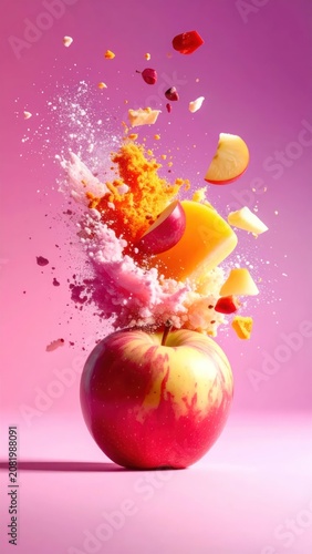 Red apple shattering to reveal citrus fruit contents.