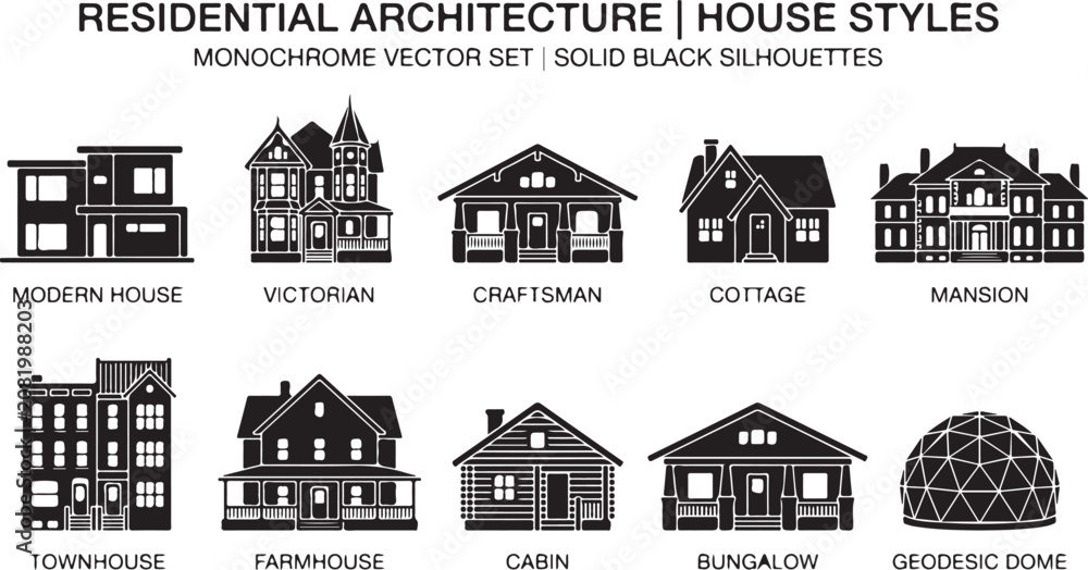 Obraz premium Set of ten solid black silhouette representing various residential architectural house styles including victorian, craftsman, modern, mansion, townhouse, farmhouse, cabin, bungalow, and geodesic dome