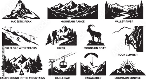 Foto Set of twelve black and white mountain adventure featuring peaks, a valley river