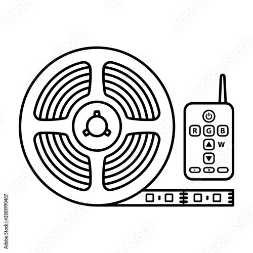 Smart home LED strip light vector illustration featuring an RGB flexible tape reel and wireless remote control device for modern lighting system