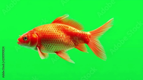 Vibrant goldfish swimming isolated against a bright green screen chroma key background for easy compositing