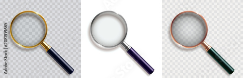 Three magnifying glasses with colorful handles on transparent background