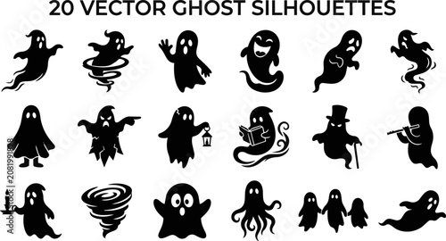 Halloween vector set 20 black ghost silhouettes for spooky designs decorations