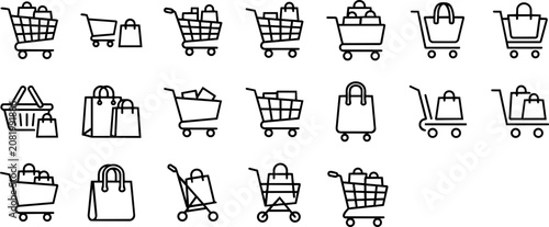 Tableau sur toile Shopping carts, bags, and baskets line art icons for retail and e-commerce