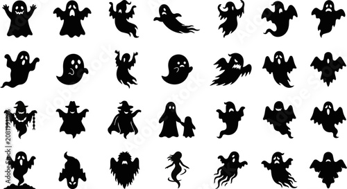 Halloween vector set black silhouette ghosts witches and monsters for spooky decorations and designs