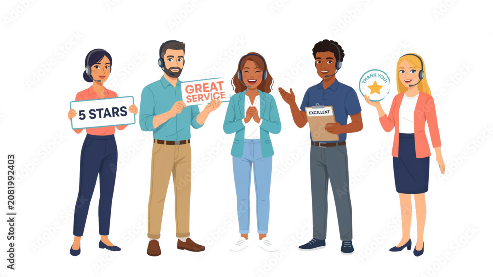 Obraz premium Four diverse people standing together smiling and using smartphones outdoors Vector