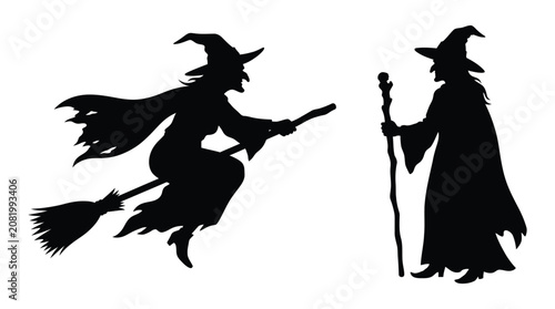 Obraz na płótnie Two witches on broomsticks black silhouette witch