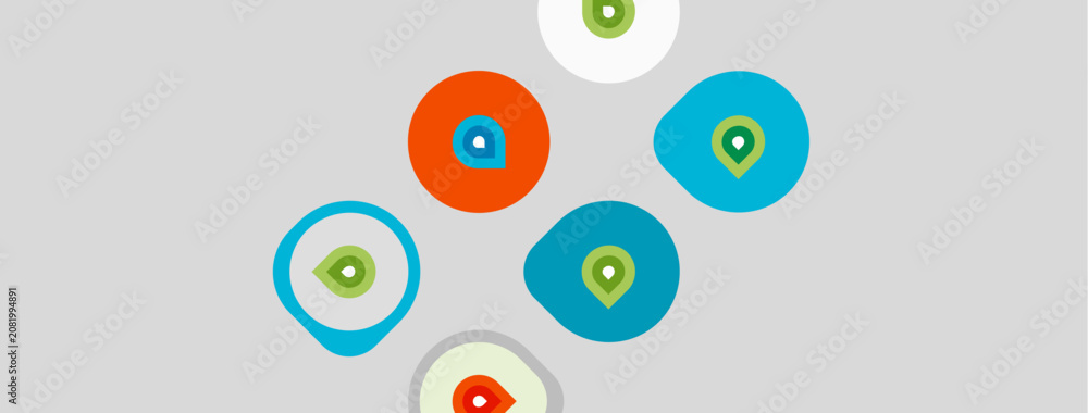 Fototapeta premium Colorful circles with map markers scattered across gray background. Simple design, modern aesthetic, location based concept.