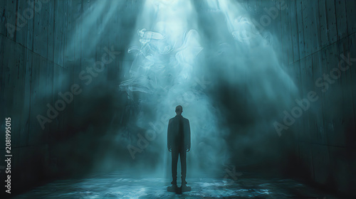 Silhouette of a man standing in a dark room under dramatic light rays