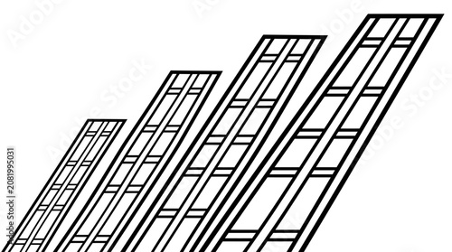 A minimalist black and white vector illustration showing four rising bar chart columns with clean thick geometric line art
