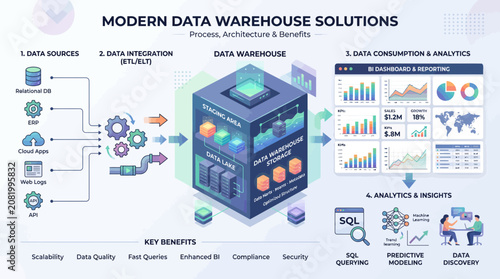 Modern data warehouse solutions with cloud computing and analytics.