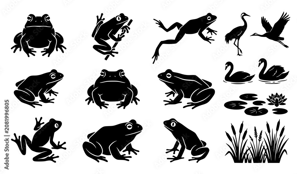 Fototapeta premium Frog and Wetland Wildlife Silhouette Icon Collection Featuring Various Amphibian Poses Crane Birds Swans and Lily Pads for Nature Designs Vector Illustration