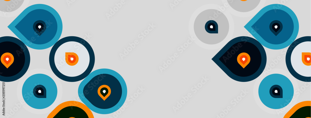 Fototapeta premium Abstract circles, varying sizes, colors. Orange, blue, gray tones dominate design. Minimalist pattern, clean aesthetic. Simple shapes create visual interest.