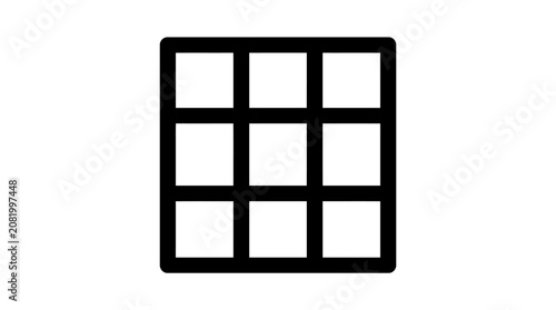 Minimalist black and white square grid icon featuring thick bold lines forming nine equal sections on a clean white background