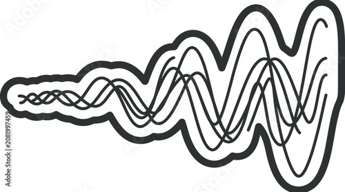 A stylized black and white graphic illustration displaying vibrating sound waves with thick contour lines in a modern artistic style