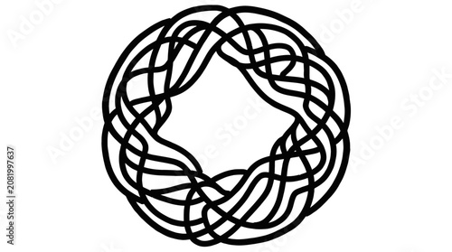 A symmetrical black circular knot pattern featuring intricate interlaced lines isolated on a clean white background for artistic design