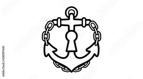 A bold black and white line art illustration featuring a classic nautical anchor with a prominent central keyhole symbol