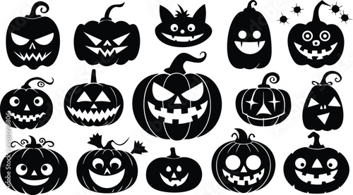 Set of black halloween pumpkin silhouettes with scary and funny carved faces for fall holidays