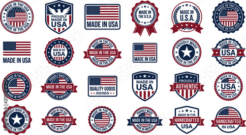 Made in USA badge and label vector illustration set, patriotic proudly American flag stamp and shield emblem isolated collectionMade in 