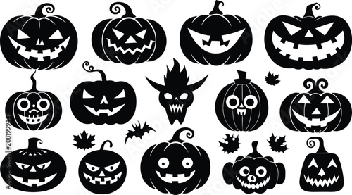 Set of black halloween pumpkin silhouettes with scary faces and spooky carved expressions