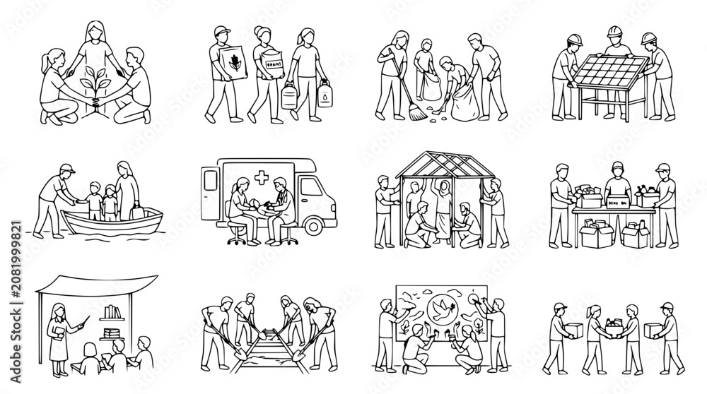 Obraz premium Community Service Icons: Volunteering, Charity, Environmental Care, Aid & Support
