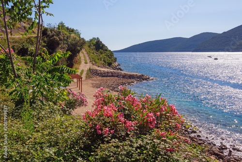 Beautiful summer Mediterranean landscape. Montenegro, view of Bay of Kotor from Lustica penincuna