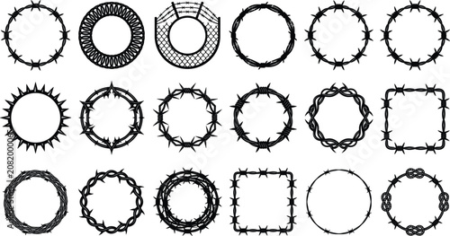 Foto Black barbed wire frame and circle border vector illustration set, crown of thor