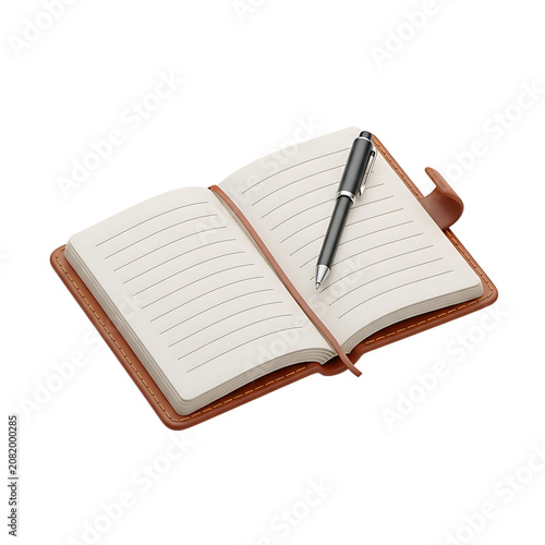 Open leather journal with handwriting and metal pen on white background notebook handwritten stationery business document workspace creative isolated background